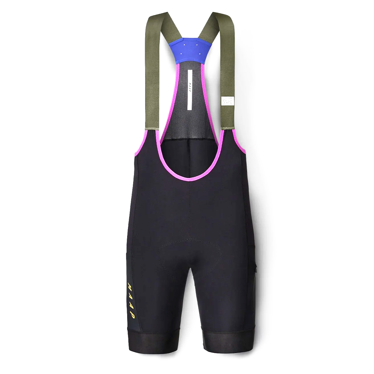 Maap Alt_Road Cargo bib shorts in blue and pink with green straps
