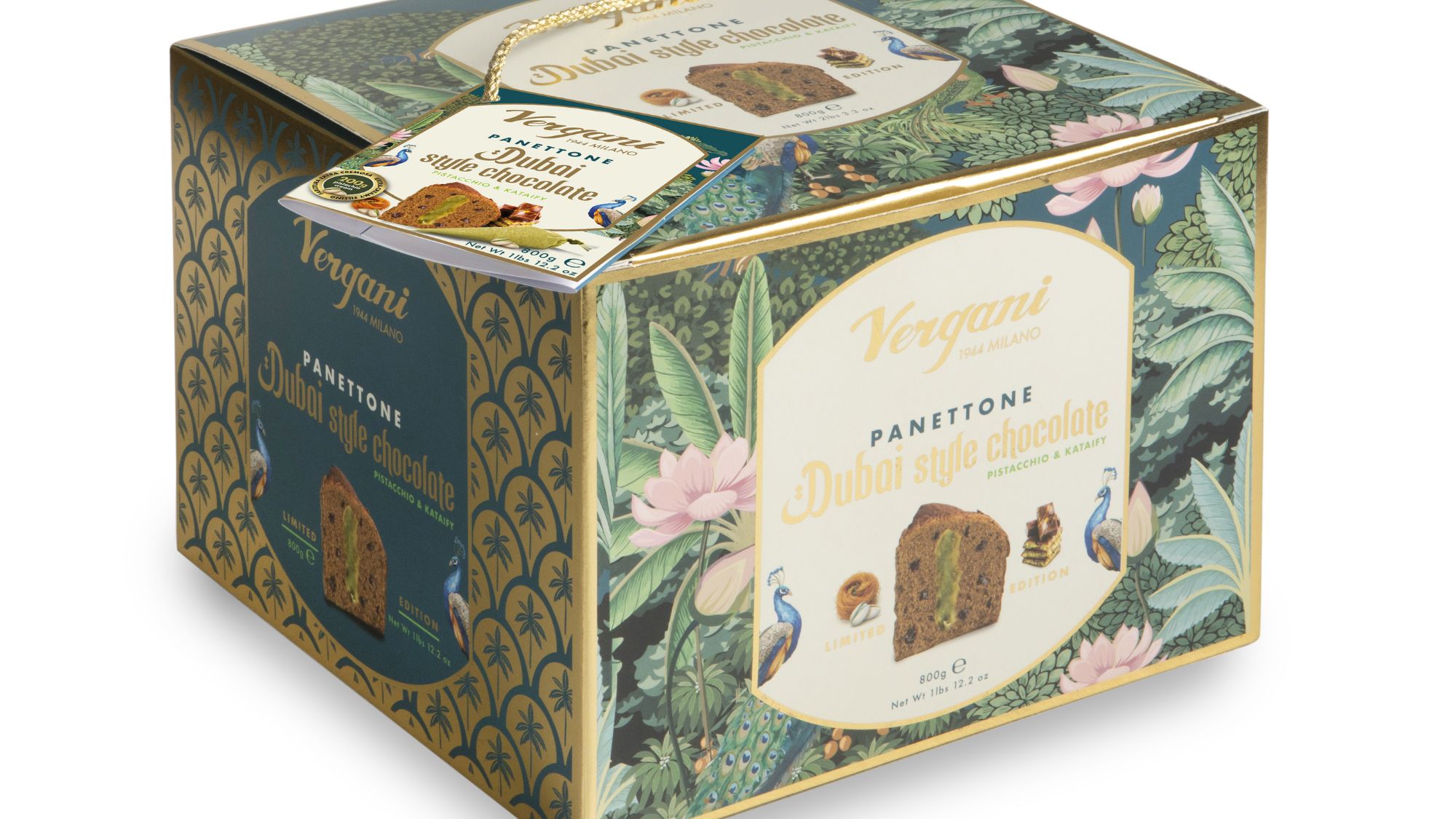Dubai Chocolate and Pistachio Panettone by Vergani in an elegant box with Middle Eastern design