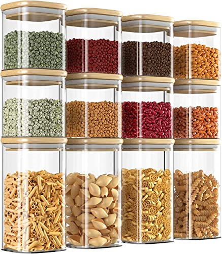 Finew Glass Storage Jars With Bamboo Lid, 12 Pack Airtight Food Jars Set, Clear Kitchen Storage Canisters Containers for Spice Herbs Coffee Tea Pasta Beans Sugar Cookie Snack Seed - 700ml, 350ml