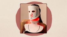 woman wearing Project E Beauty’s LumaLux LED face and neck Mask