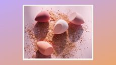 Collage of images showing beauty sponges on powder