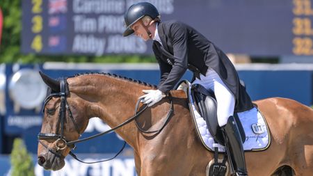 Pictured Emily King and Valmy Biats, leaders of the CCI5* after at Luhm&uuml;hlen Horse Trials dressage phase.