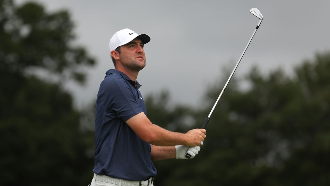 Scottie Scheffler plays his shot from the fifth tee during the Travelers Championship. 