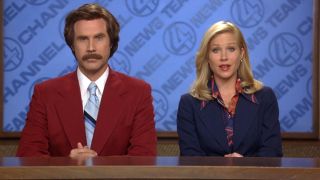 From left to right: Will Ferrell as Ron and Christina Applegate reading the news while sitting next to each other.