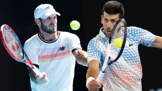 Tommy Paul of the United States and Novak Djokovic of Serbia playing in the Australian Open 2023 tennis tournament ahead of the Djokovic vs Paul semi-final at Melbourne Park. 