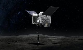 Artist’s concept of the OSIRIS REx spacecraft collecting material from Bennu.