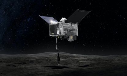 Artist&rsquo;s concept of the OSIRIS REx spacecraft collecting material from Bennu.