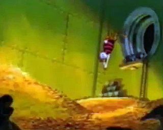 Scrooge McDuck diving into his vault full of gold. 