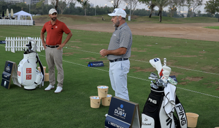 Adam Scott and Lee Westwood speak at a clinic on the driving range
