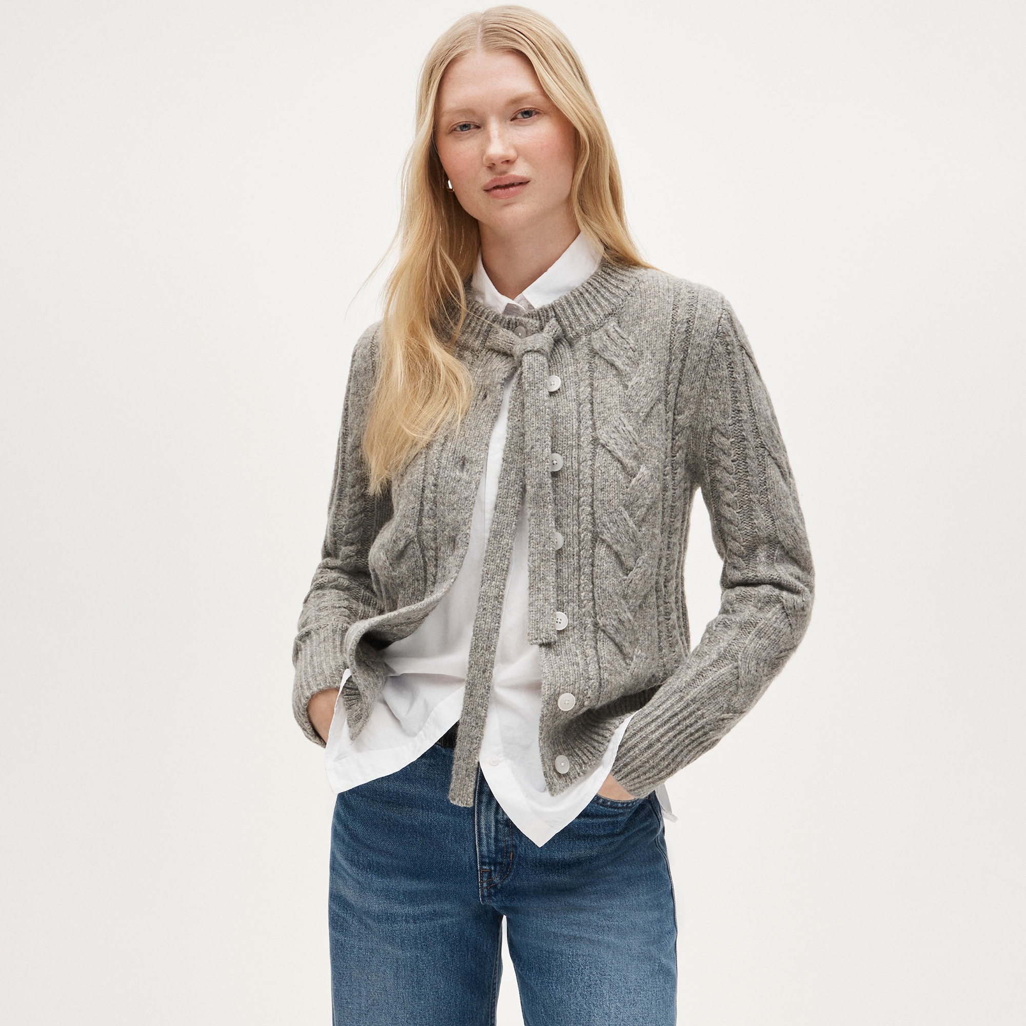 Cable-Knit Bow Cardigan in Wool Blend