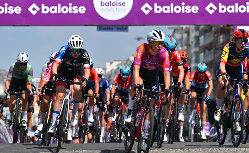 KNOKKEHEIST BELGIUM JULY 18 LR Femke Markus of The Netherlands and Team SD Worx Protime and Elynor Backstedt of The United Kingdom and Team Lidl Trek compete during the 10th Baloise Ladies Tour 2024 Stage 1 a 1138km stage from Breskens to KnokkeHeist on July 18 2024 in KnokkeHeist Belgium Photo by Luc ClaessenGetty Images