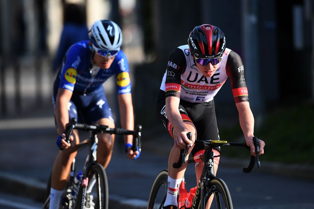 BERGAMO ITALY OCTOBER 09 LR Fausto Masnada of Italy and Team Deceuninck QuickStep and Tadej Pogacar of Slovenia and UAE Team Emirates compete in the breakaway during the 115th Il Lombardia 2021 a 239km race from Como to Bergamo ilombardia UCIWT on October 09 2021 in Bergamo Italy Photo by Tim de WaeleGetty Images