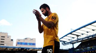 Wolves striker Diego Costa applauds the fans after being substituted in the Premier League match between Chelsea and Wolves on 8 October, 2022 at Stamford Bridge, London, United Kingdom