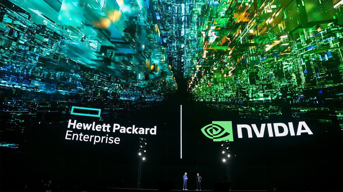 Antonio Neri, chief executive officer of Hewlett Packard Enterprise Co. (HPE), bottom left, and Jensen Huang, co-founder and chief executive officer of Nvidia Corp., during a keynote address at the HPE Discover event at the Sphere in Las Vegas, Nevada, US, on Tuesday, June 18, 2024.