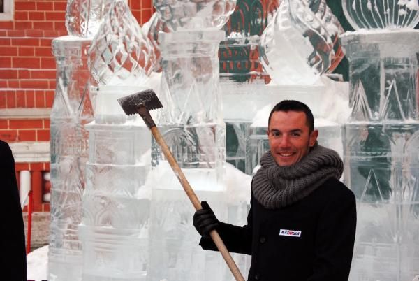 Joaquin Rodriguez poses in front of an ice sculpture