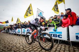 Slovenian Tadej Pogacar of UAE Team Emirates pictured at the Paterberg during the men's race of the 'Ronde van Vlaanderen/ Tour des Flandres/ Tour of Flanders' one day cycling event, 273,4km from Brugge to Oudenaarde, Sunday 02 April 2023. BELGA PHOTO DAVID PINTENS (Photo by DAVID PINTENS / BELGA MAG / Belga via AFP) (Photo by DAVID PINTENS/BELGA MAG/AFP via Getty Images)