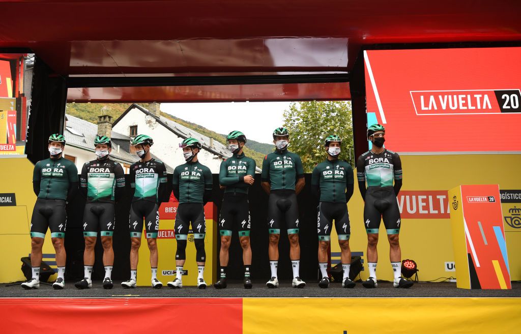 SALLENT DE GLLEGO SPAIN OCTOBER 25 Start Pascal Ackermann of Germany Martin Laas of Estonia Felix Grobschartner of Austria Jay Mccarthy of Australia Ide Schelling of The Netherlands Andreas Schillinger of Germany Michael Schwarzmann of Germany and Rudiger Selig of Germany and Team BORA Hansgrohe Mask Covid safety measures Team Presentation during the 75th Tour of Spain 2020 Stage 6 a 1464km stage from Biescas to Sallent de Gllego Aramn Formigal 1790m lavuelta LaVuelta20 La Vuelta on October 25 2020 in Sallent de Gllego Spain Photo by David RamosGetty Images