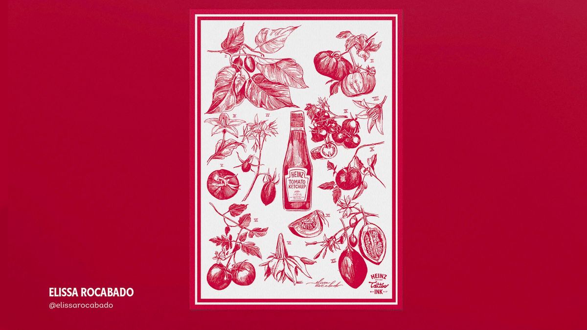 A shot of various tattoo stencils designed to resemble the Heinz branding on a red background