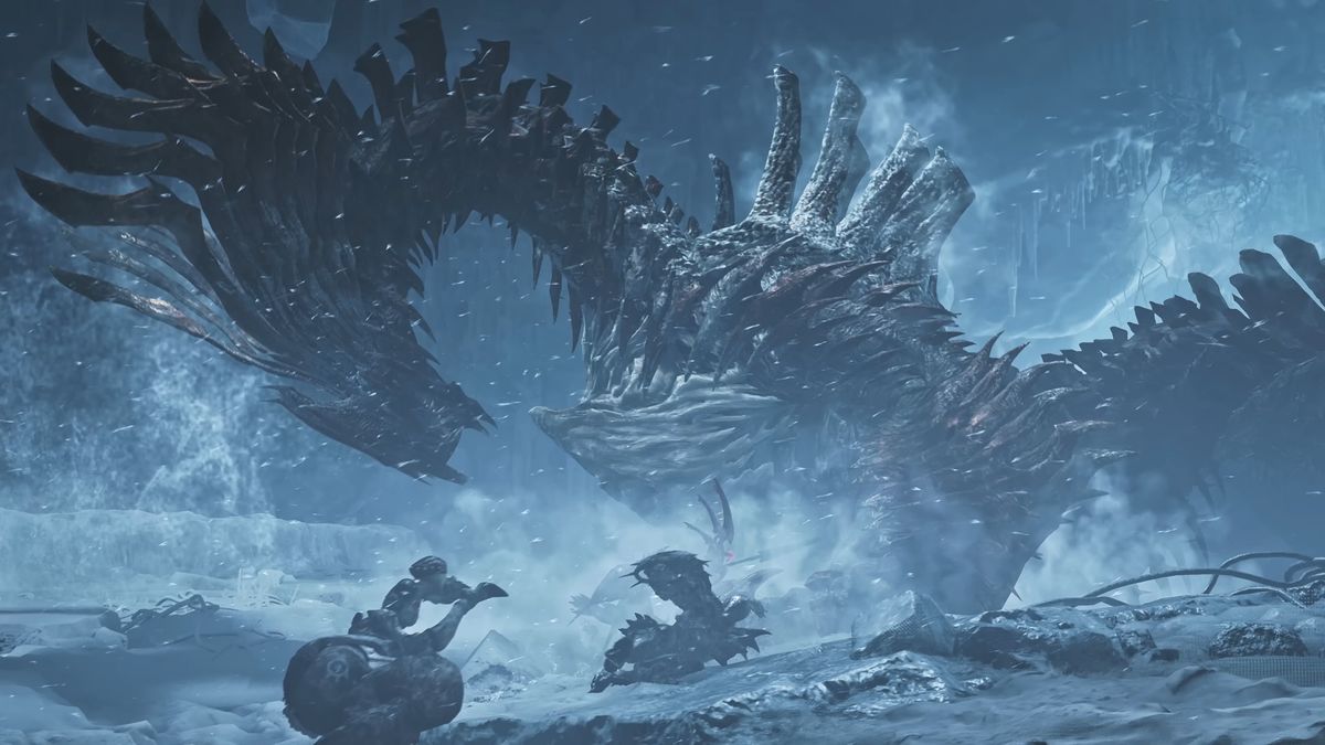 Promotional trailer screenshot of players fighting Jin Dahaad in Monster Hunter Wilds.