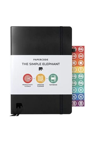 black planner with colorful labels