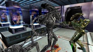 Image from the video game Aliens vs. Predator Classic 2000. In front of you you can see an Alien and Predator facing off.
