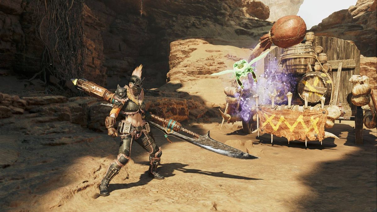 The player standing by the practice dummy holding the Insect Glaive while the Kinsect attacks it in the background in Monster Hunter Wilds.