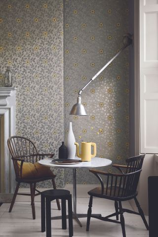 grey dining room with floral wallpaper by Little Greene