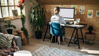 Loft workspace with slanted ceiling