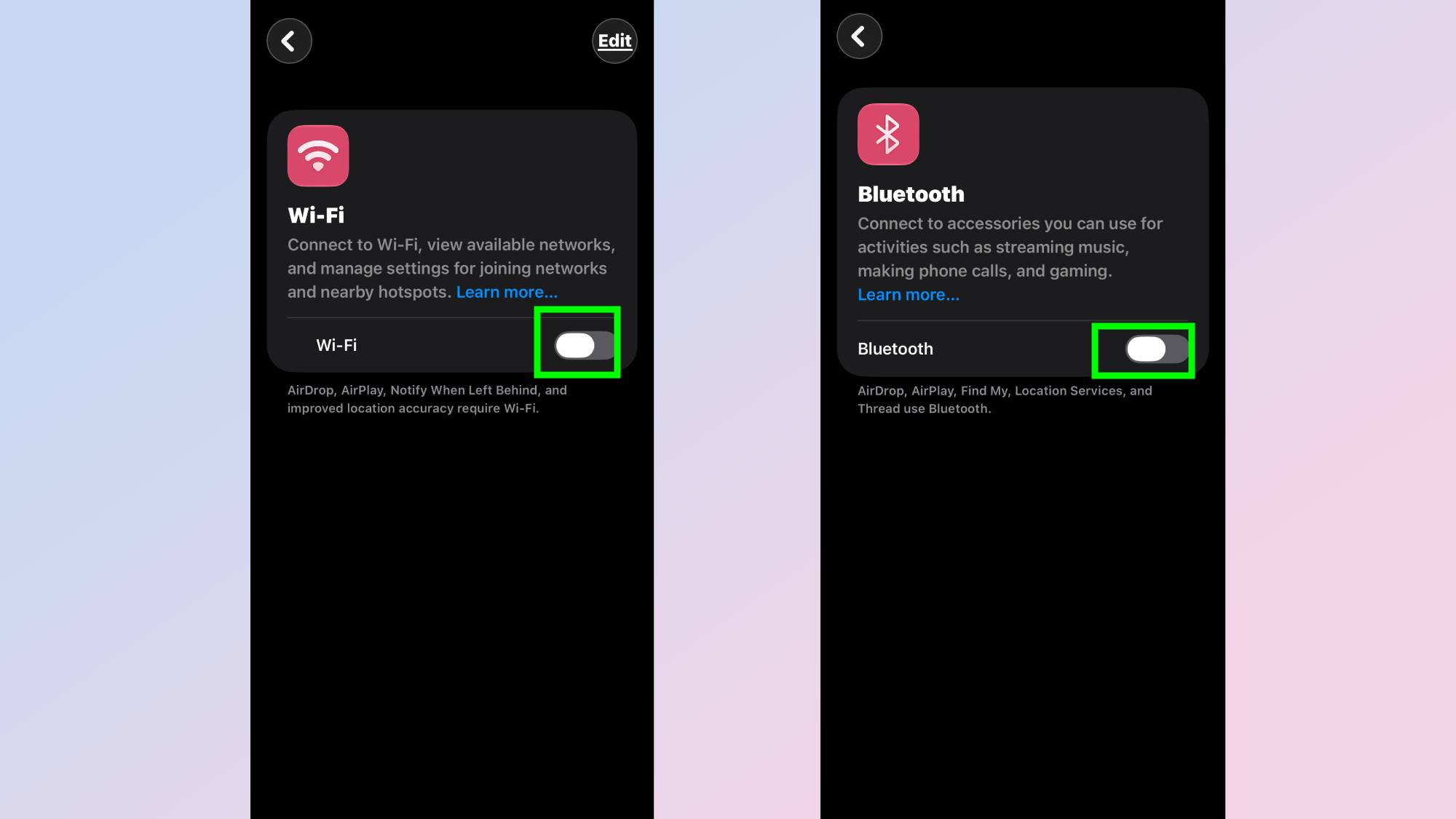 WiFi and Bluetooth toggled off on iPhone