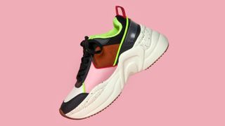 multi colored trainer on pink background