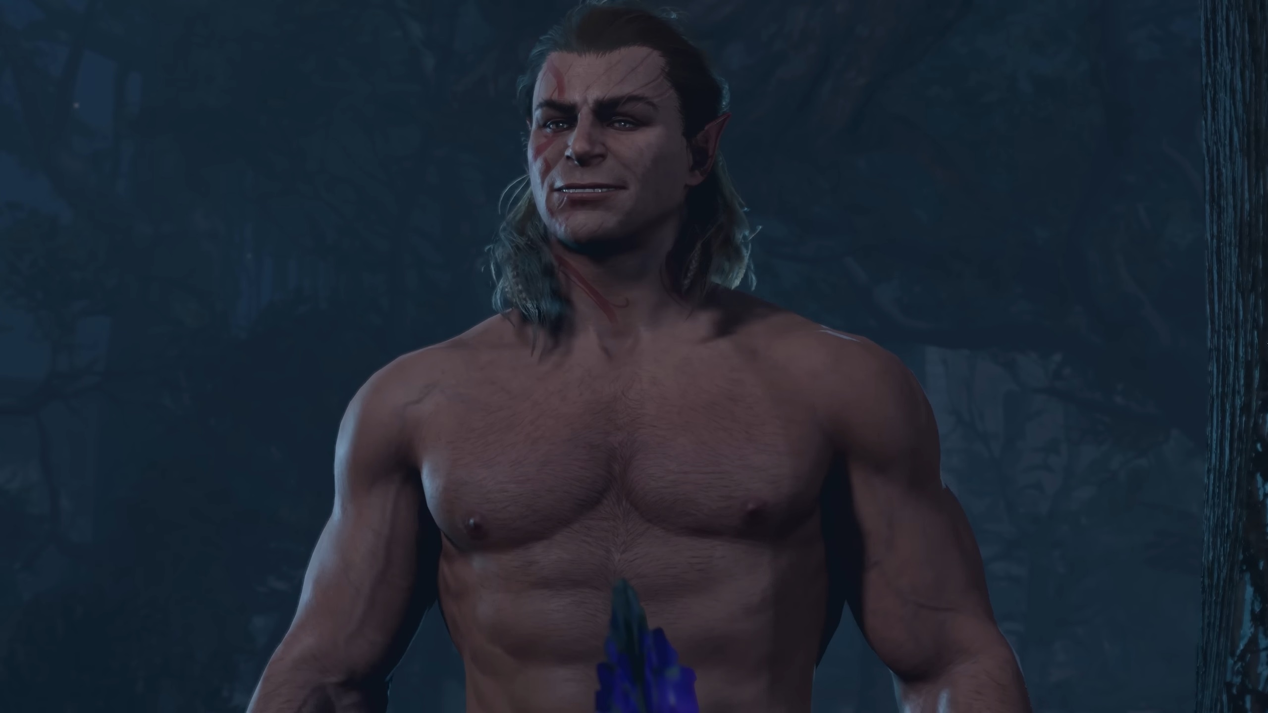 positively jacked half elf grinning at camera