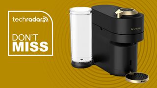 Nespresso Festive Vertuo Pop Plus in matte black gold on yellow background with TechRadar don't miss sign