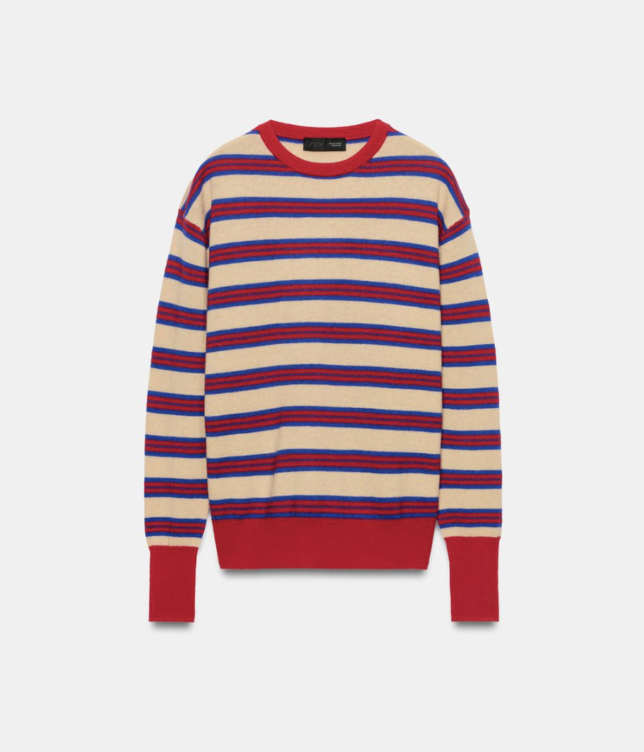 ZARA, 100% Extra Soft Wool Striped Jumper - Red Stripe - Xs