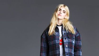 Blonde model in plaid, tartan