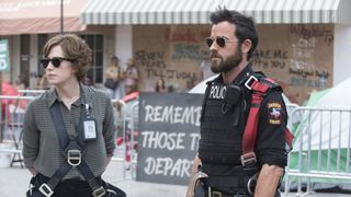 Carrie Coon as Nora Durst and Justin Theroux as Kevin Garvey in The Leftovers.