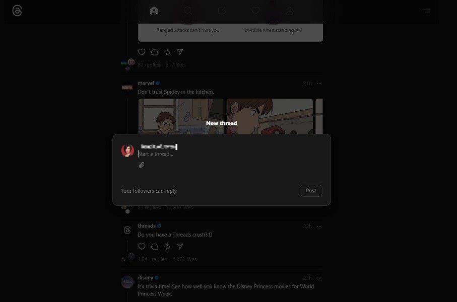 Threads on the web offers a floating "New Post" box.