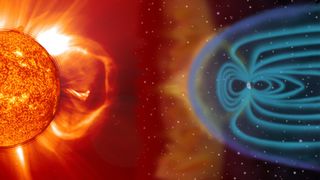 An illustration shows a coronal mass ejection bursting out of the sun, then striking Earth's magnetosphere.
