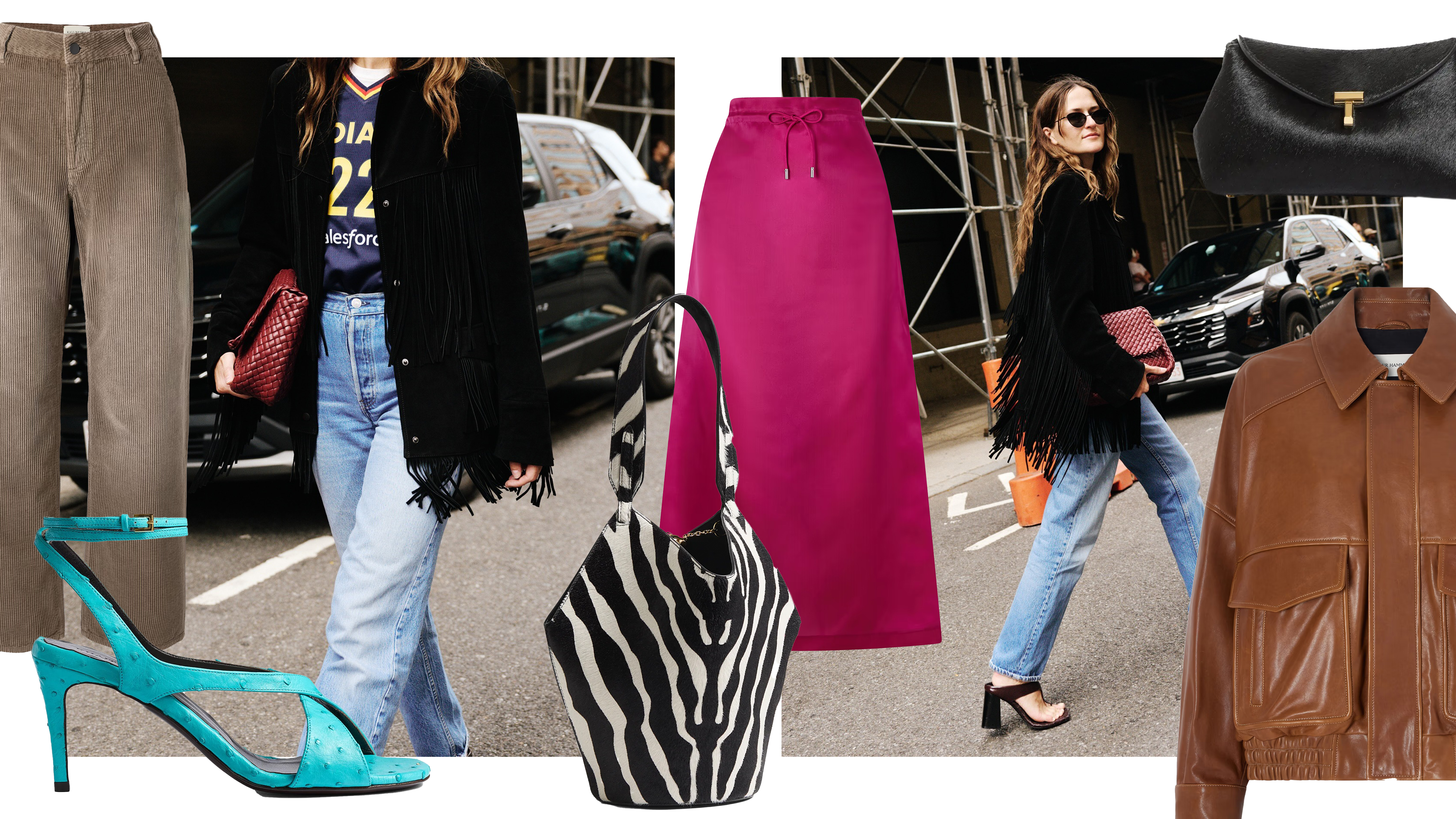 Image of WWW Editor Eliza Huber by Stephanie Geddes in a Kallmeyer Coat. Collage of Khaite Mini Lotus Tote, Khaite Liria Ankle Strap Sandals, Nour Hammour Runa Paneled Leather Bomber Jacket, Toteme Mini T-Lock Clutch Bag, Kallmeyer Cotton-Corduroy Wide-Leg Pant, and Kallmeyer Regina Silk-Organza Midi Skirt. 