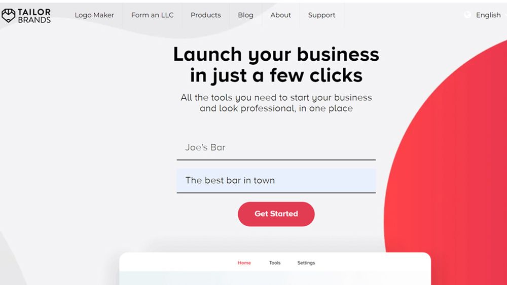 The first screen in the Tailor Brands logo maker