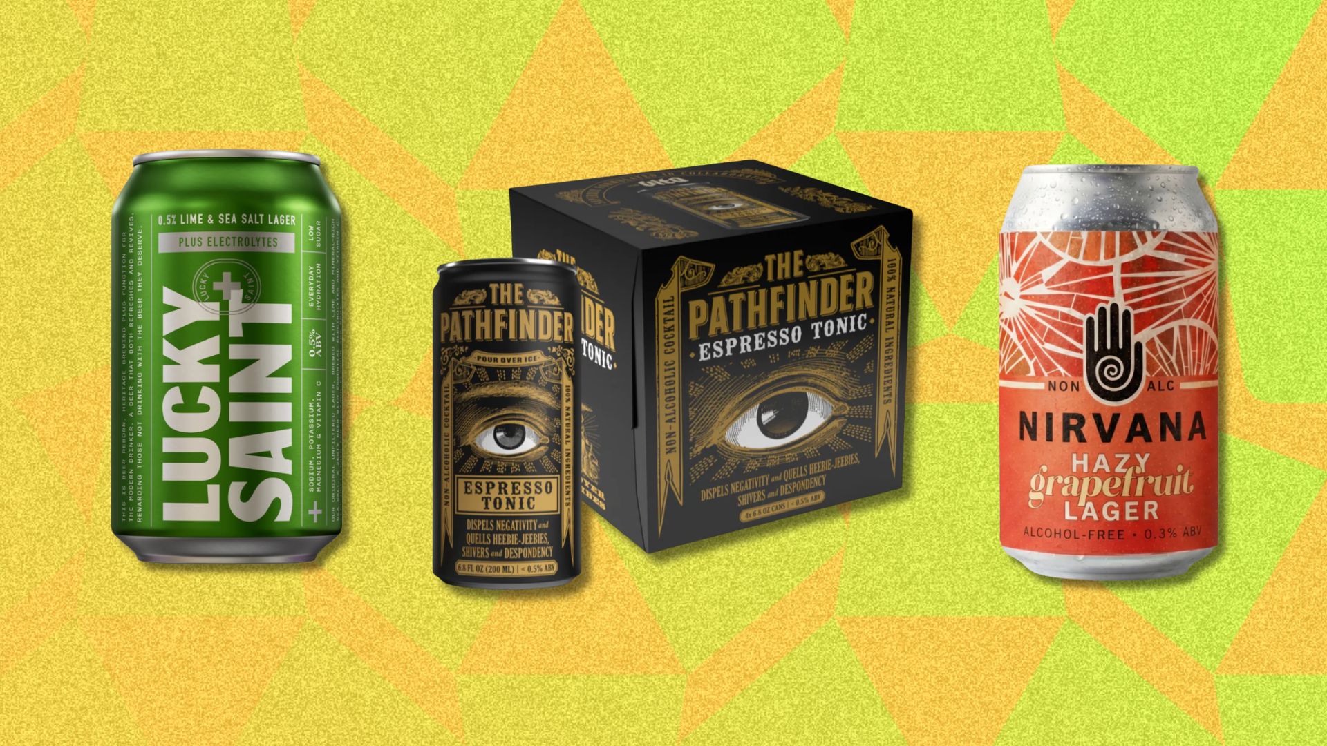 an image of three featured drinks, Lucky Saint, The Pathfinder and Nirvana grapefruit lager against a yellow patterned background