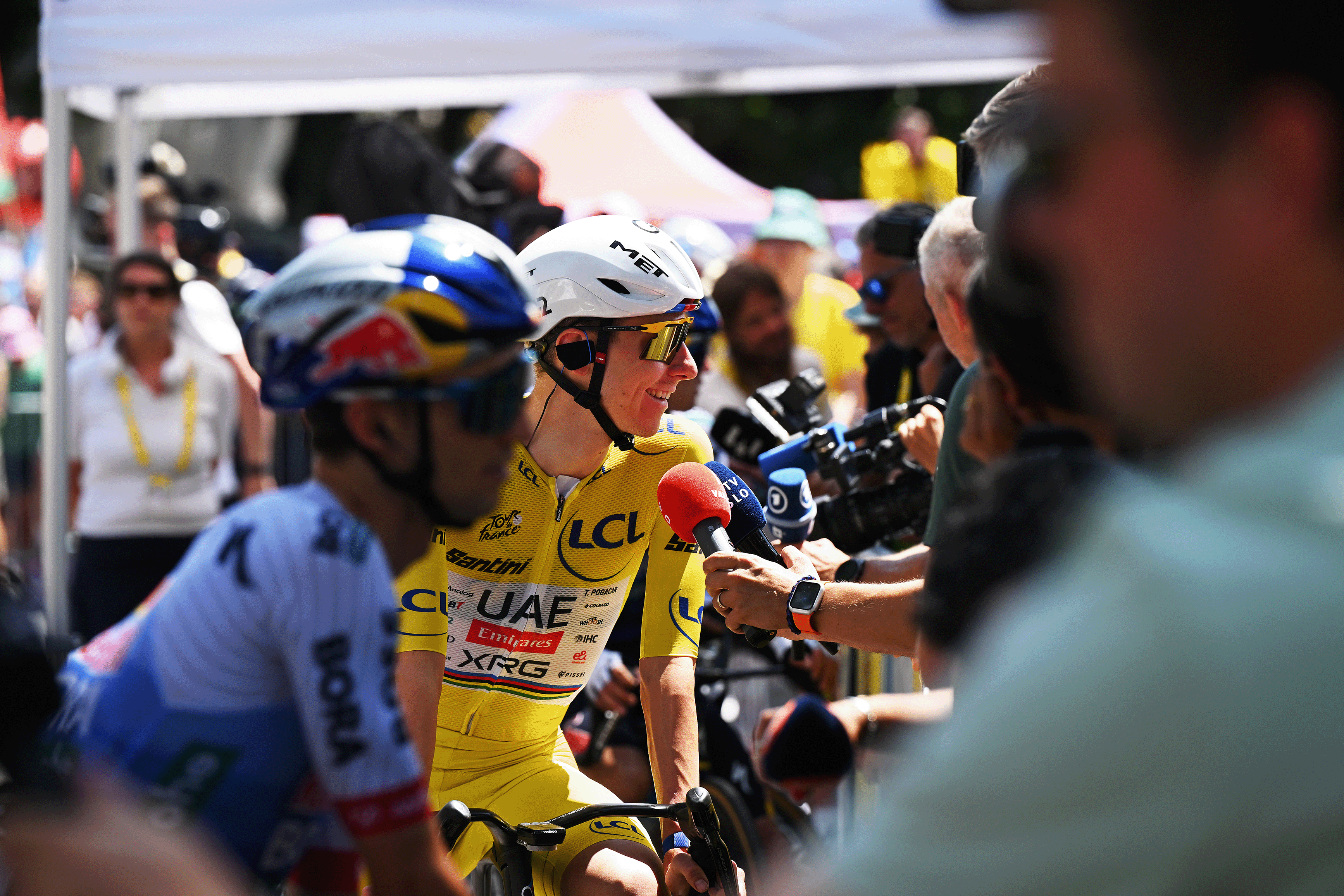 CHAMBERY, FRANCE - JULY 22: Tadej Pogacar of Slovenia and UAE Team Emirates - XRG - Yellow Leader Jersey prior to the 113th Tour de France 2026, Stage 17 a 174.7km stage from Chambery to Voiron / #UCIWT / on July 22, 2026 in Chambery, France. (Photo by Dario Belingheri/Getty Images)