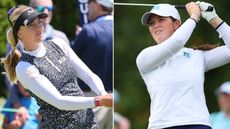 Sophia Popov and Mimi Rhodes both hit golf shots and watch the flight