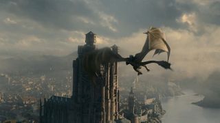 Rhaenyra Targaryen rides a dragon towards King's Landing in House of the Dragon