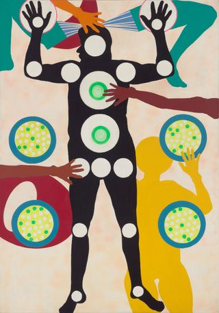 black figure surrounded by green circles