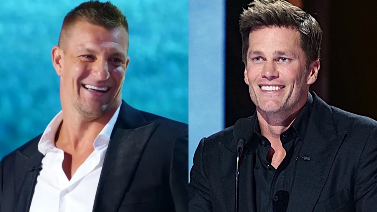 Rob Gronkowski and Tom Brady are shown at the Netflix roast of Tom Brady.