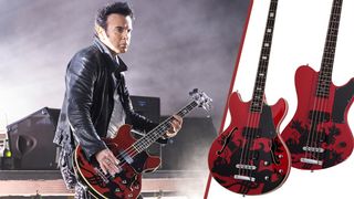 Simon Gallup with his signature bass guitars