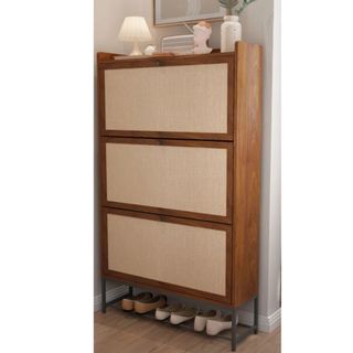 Rattan wood dresser that holds 28 pairs of shoes