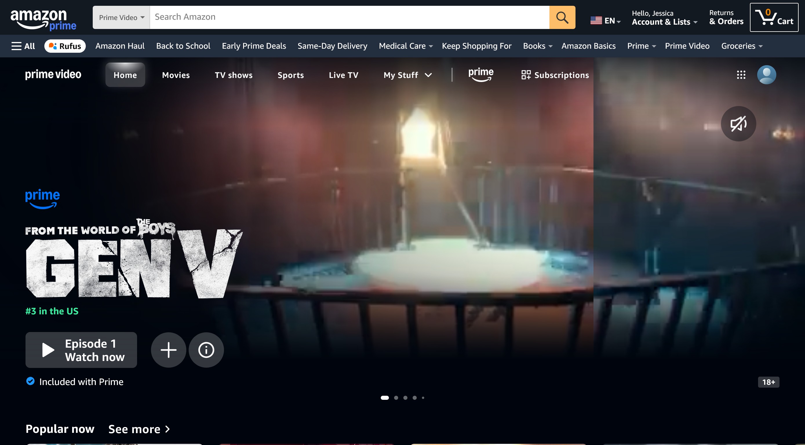 Prime Video homepage with Gen V as spotlight image