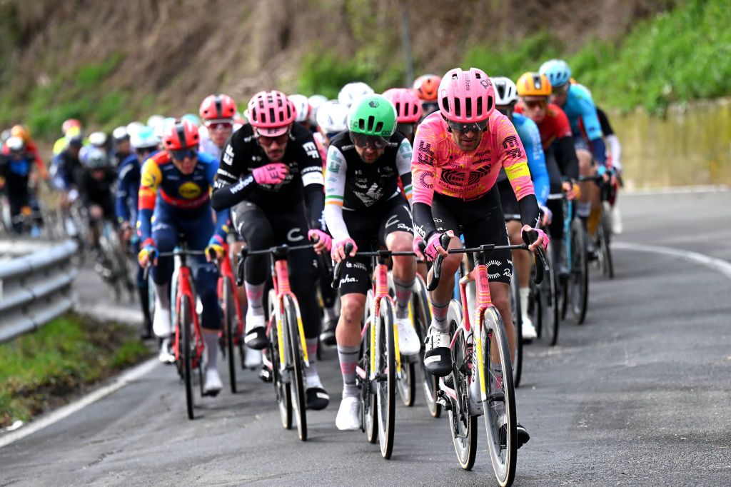 GUALDO TADINO ITALY MARCH 06 James Shaw of Great Britain and Team EF EducationEasypost leads the peloton during the 59th TirrenoAdriatico 2024 Stage 3 a 225km stage from Volterra to Gualdo Tadino 527m UCIWT on March 06 2024 in Gualdo Tadino Italy Photo by Tim de WaeleGetty Images