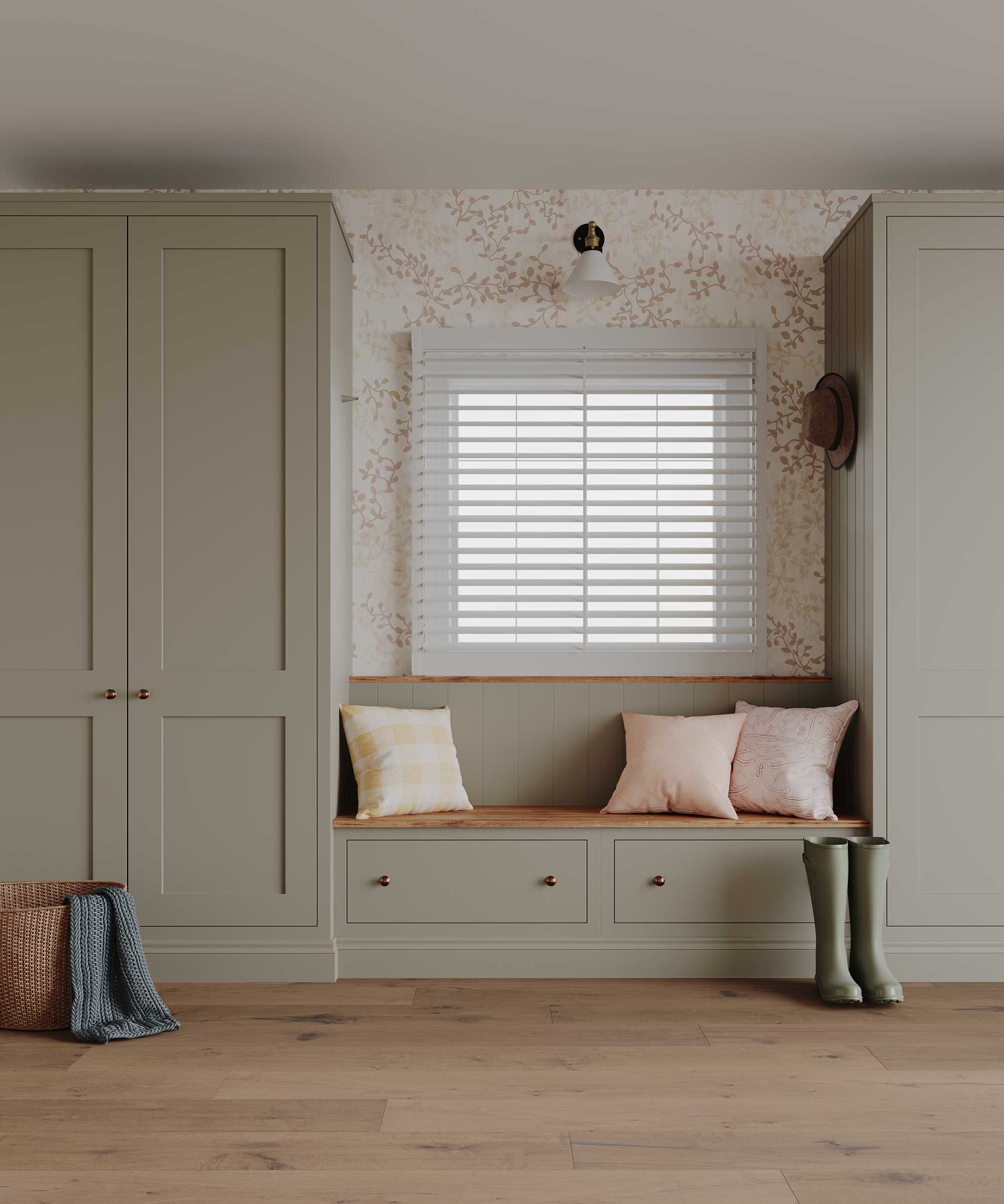 pale green boot room with wooden flooring and wallpaper